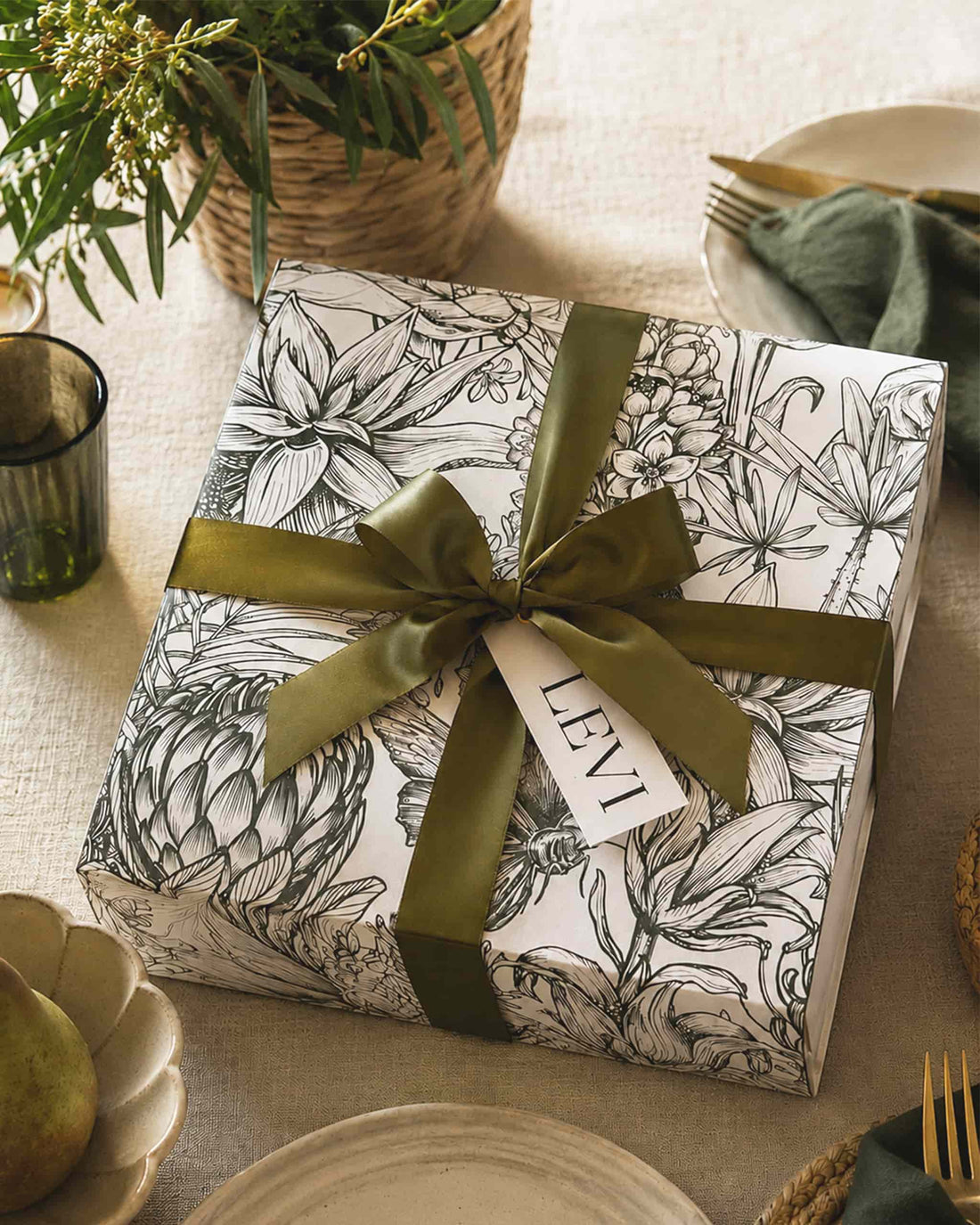Heritage Protea Olive Green Large Square Gift Box